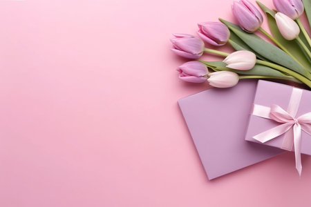 pink tulips with blank cardの素材