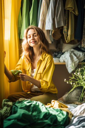 woman relaxing in hotel roomの素材