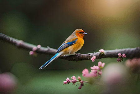 robin perched on a branchの素材