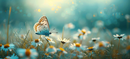 butterfly on camomile meadow with bokeh backgroundの素材