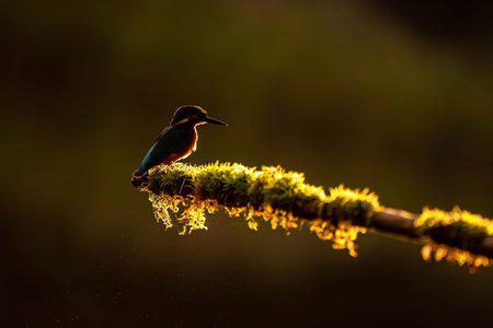 Kingfisher perched on a moss-covered branch, bathed in the warm light of sunrise or sunset. A stunning wildlife photograph.の写真素材