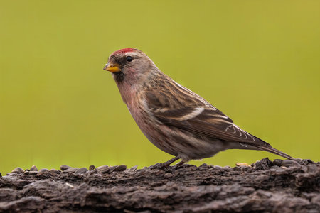 A Common Redpoll perched on a log, enjoying some seeds. The bird's colors and details are sharp.の写真素材