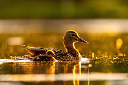 A mother duck and her duckling enjoy the golden light of sunset on a calm lake. A serene moment in nature.の写真素材