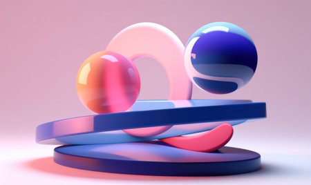A digital artwork showcasing a balanced composition of spheres and rings, rendered in soft pastel...