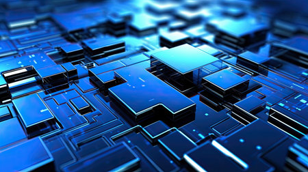 Abstract digital art featuring a futuristic landscape of blue cubes. A 3D rendering of geometric...