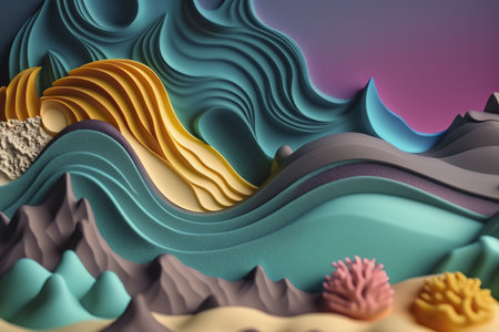Abstract 3D paper cut art depicting ocean waves in vibrant colors. A stunning visual masterpiece.