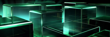 A digital artwork featuring numerous translucent green glass cubes, reflecting light and creating an...