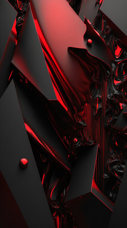 A captivating abstract digital artwork featuring a complex interplay of red and black geometric shapes and textures.の写真素材