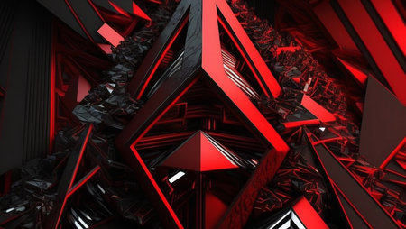 A captivating digital artwork showcasing a chaotic arrangement of sharp, angular shapes in vibrant...