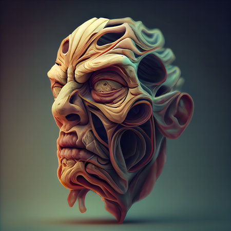 A digital 3D render of an abstract, grotesque humanoid head sculpture. The artwork showcases intricate details and a distorted form.の写真素材