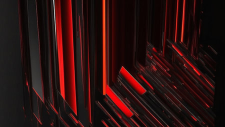 A striking digital artwork featuring abstract geometric shapes in shades of red and black. The image...