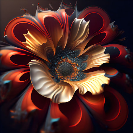 Close-up of a digitally created flower, showing rich red and gold tones. Intricate details and textures are evident.の写真素材