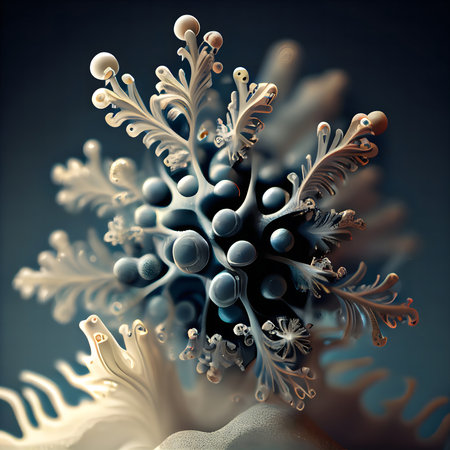 A mesmerizing digital fractal art piece. Intricate blue and white forms create a visually stunning, organic design.の写真素材
