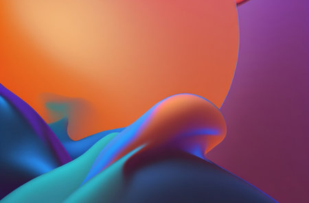 An abstract digital art piece showcasing vibrant swirls and fluid shapes in a blend of blue, orange,...