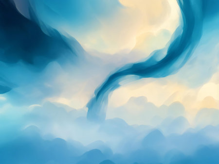 A dreamy blue sky with soft, abstract clouds. Peaceful and serene atmosphere.の写真素材