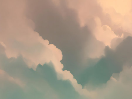 Soft pastel clouds fill the sky, creating a dreamy and serene atmosphere. The image evokes a sense of peace and tranquility.の写真素材