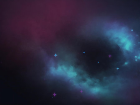A vibrant nebula swirls in shades of teal and crimson, stars twinkling amidst the cosmic clouds.