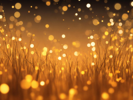 Golden bokeh lights illuminate a tranquil meadow at night, creating a magical atmosphere.の写真素材