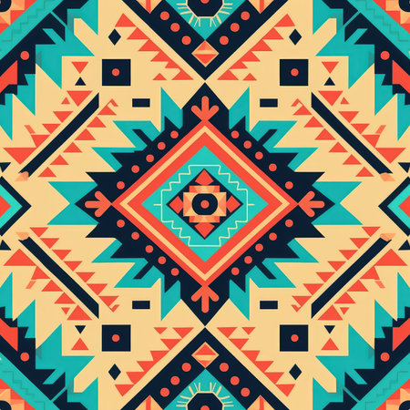 A vibrant, geometric pattern inspired by Native American designs. Bold colors and shapes create a...