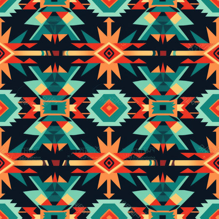 A vibrant and bold geometric textile pattern inspired by Native American designs. The repeating...