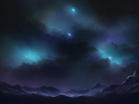 A digital painting of an alien landscape at night, with nebulae and stars illuminating the dark...