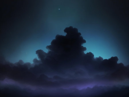 A digital painting depicting a mesmerizing night sky. Dark, imposing clouds dominate the scene, contrasting with the subtle glow of distant stars.の写真素材