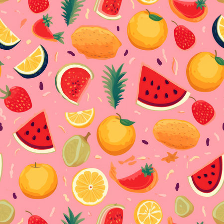 A vibrant and colorful seamless pattern featuring various tropical fruits like watermelon,...