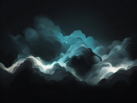Digital painting of a serene night sky, featuring abstract teal clouds. Dreamlike and peaceful atmosphere.の写真素材