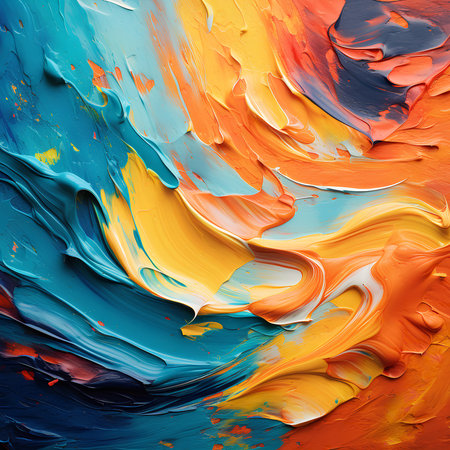 A captivating abstract oil painting showcasing dynamic swirls of orange, blue, and yellow. The thick...
