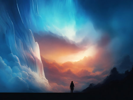 A lone person stands silhouetted against a vibrant sunset, surrounded by otherworldly clouds and a...