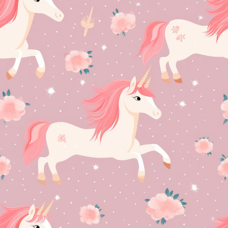 Pink unicorns, roses, and sparkles create a magical seamless pattern. Perfect for kids' apparel, stationery, or whimsical designs.の写真素材