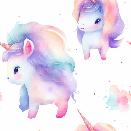 Two charming watercolor unicorns with rainbow manes and tails. Perfect for children's items.の写真素材