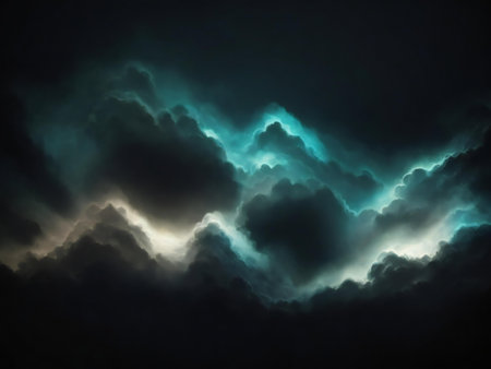 A mesmerizing nightscape featuring an ethereal cloudscape. Teal and gray clouds glow mysteriously against the dark sky.の写真素材