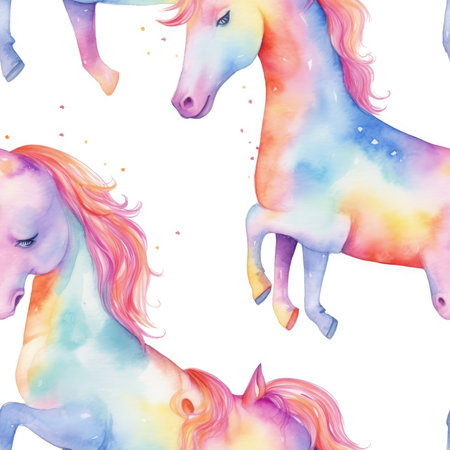 Watercolor painting of three rainbow unicorns. Seamless pattern design.の写真素材