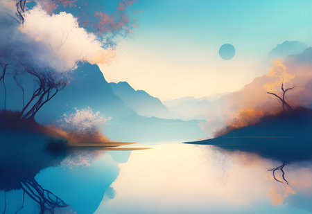 A digital painting depicting a serene mountain lake with stunning reflections and a peaceful atmosphere.の写真素材