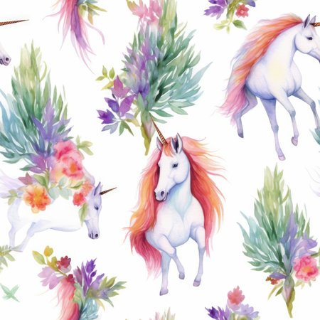 Watercolor painting of unicorns with flowers. Perfect for textile prints and magical designs.の写真素材