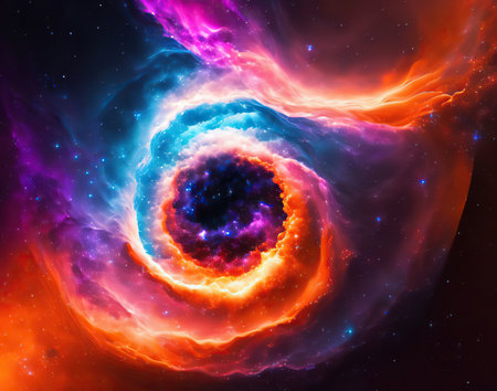 A mesmerizing cosmic nebula, swirling with vibrant colors. A digital art piece depicting a celestial eventの写真素材