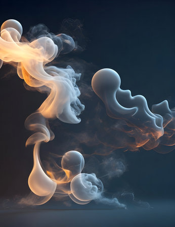 An abstract digital artwork featuring swirling, luminous smoke formations in shades of white, orange and blue. The forms are ethereal and captivating.の写真素材