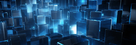 Abstract digital art featuring glowing blue cubes. A modern, futuristic background.