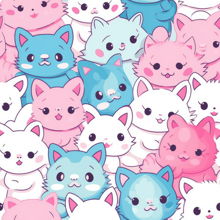 A charming collection of cute kittens in pastel pink and blue hues. Perfect for backgrounds and designs.の写真素材