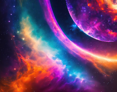Vibrant nebulae and planets in a stunning display of cosmic beauty. A breathtaking view of the...