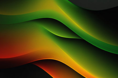 Abstract background with flowing waves in vibrant shades of green, orange, and red. The design is...