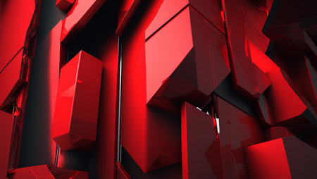A vibrant abstract image featuring a complex arrangement of red geometric shapes. The 3D render...