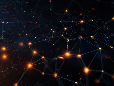 Abstract image depicting a network of glowing nodes and lines. Represents digital connection and...