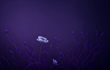A single white flower stands out among a field of purple buds, creating a stunning contrast in a...