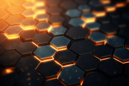 Abstract background with glowing orange and dark hexagons. Geometric pattern. 3D rendering.