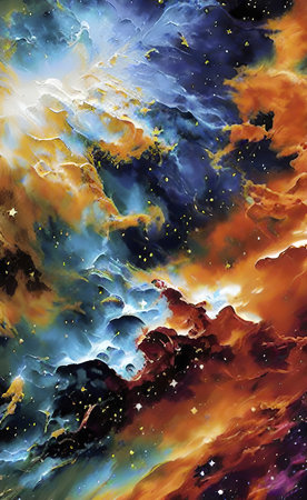 Stunning nebula image, vibrant oranges, blues, golds. Cosmic wonder.