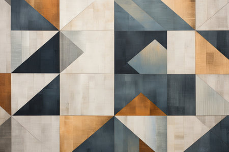 Abstract geometric artwork featuring wooden triangles and squares in neutral tones. Modern wall...