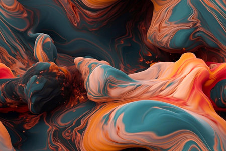 Intense abstract art showcasing swirling liquid colors. Teal, orange, and gold dominate this vibrant...