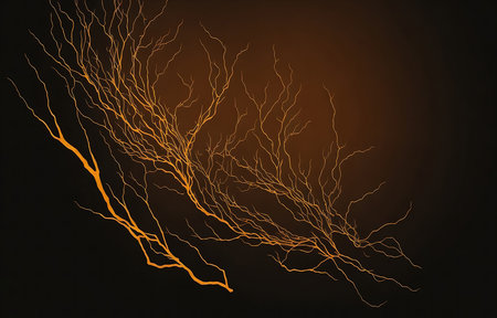Intricate golden branches on dark background. Digital art, abstract design.
